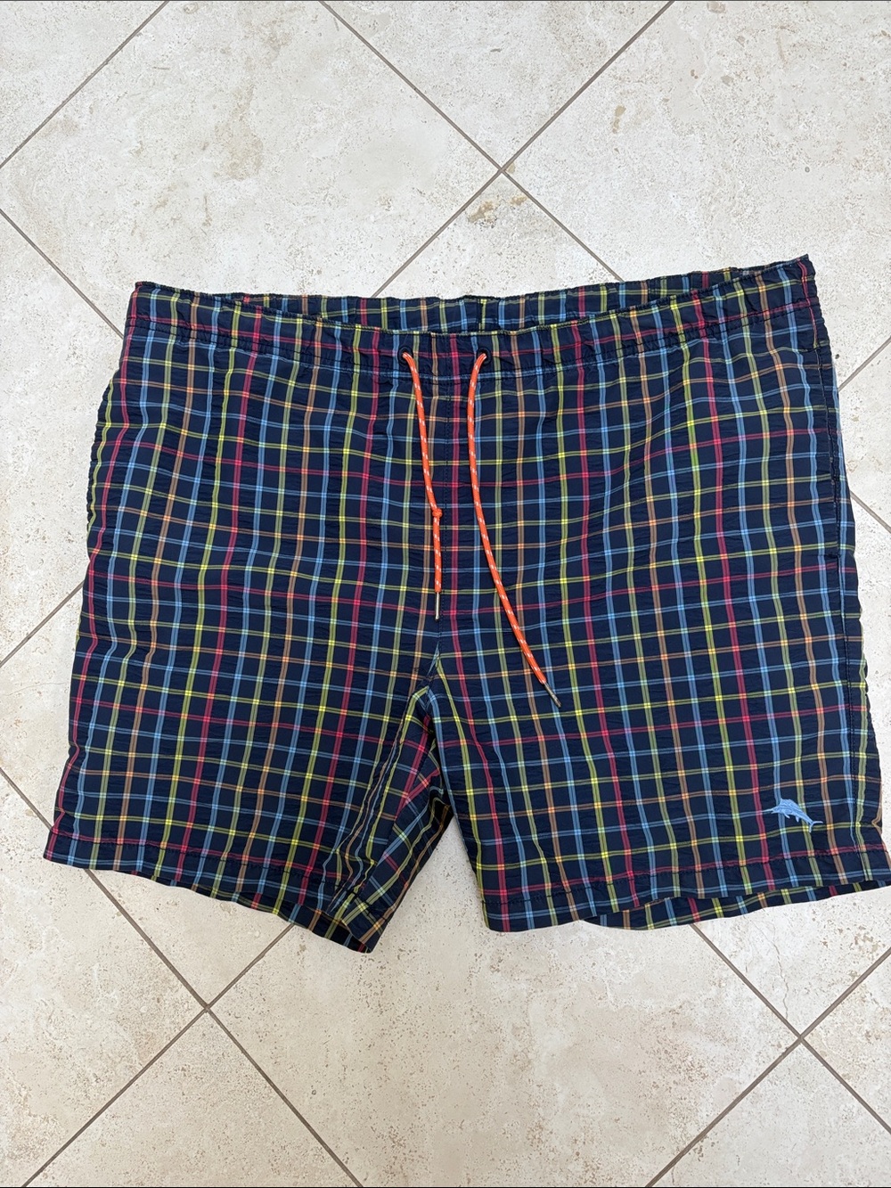 Men's Navy Plaid Swim Trunks with Orange Drawstring